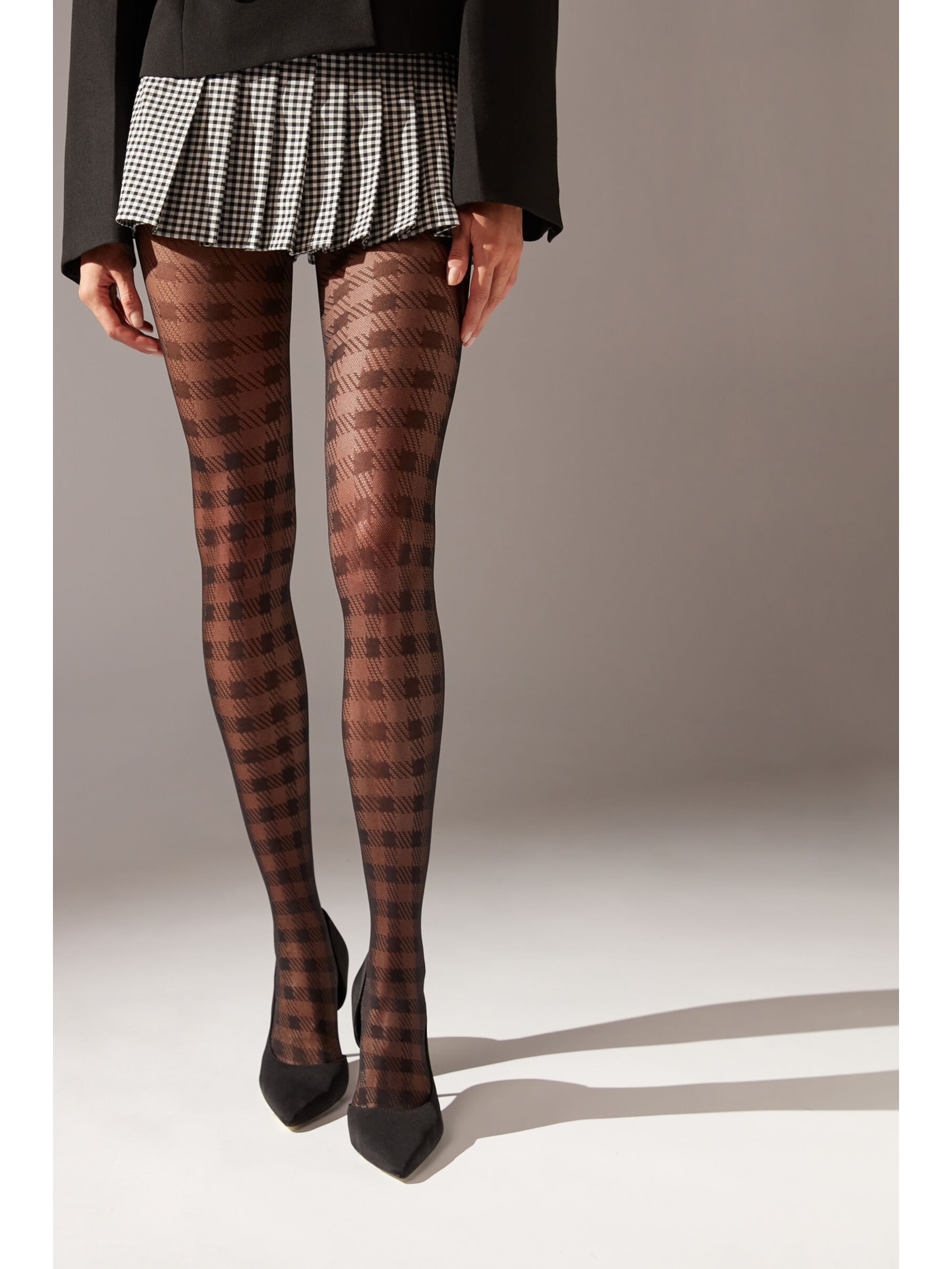 Meia-Calça Fio 50 Com Padrão Tartan Eco Preto Calzedonia