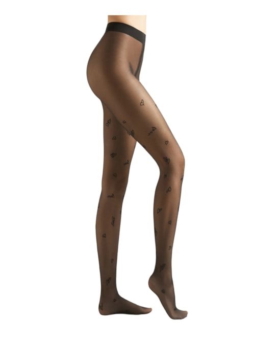Meia-Calça Transparente Com Carações e Love – Preto