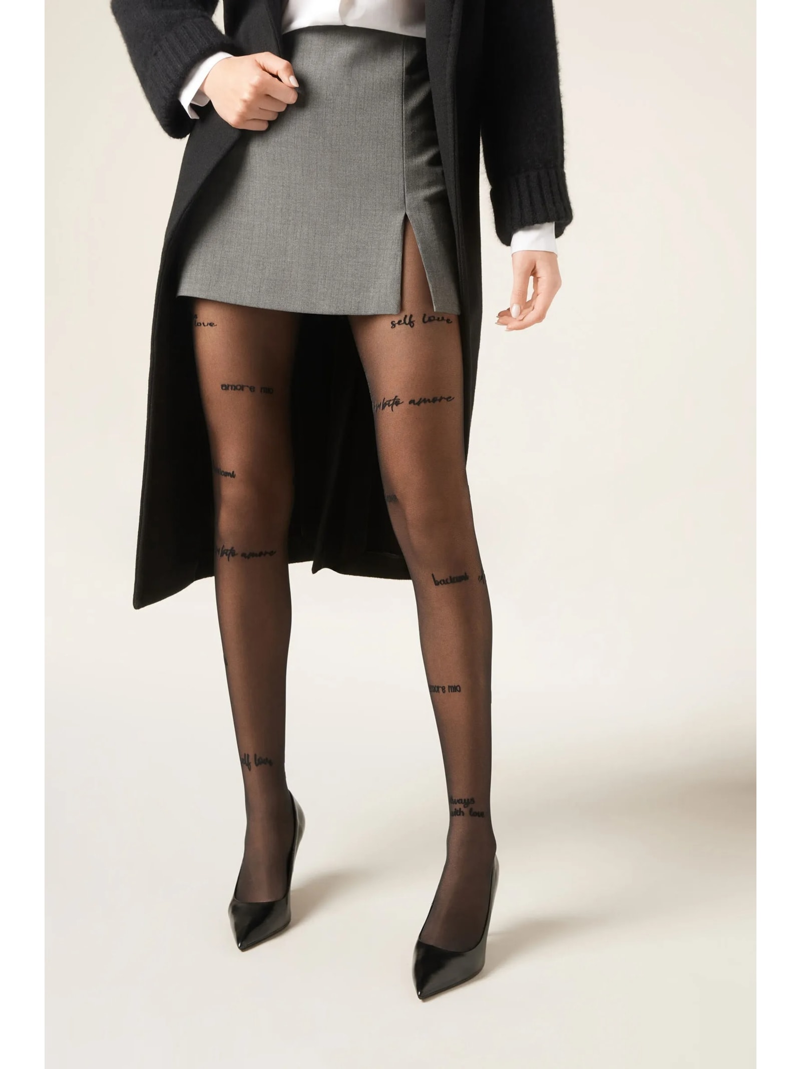 Meia-Calça Transparente Com Mensagens Escritas Fio 30 Preto Calzedonia