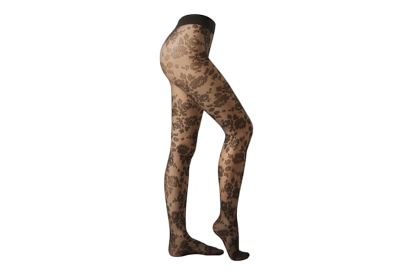 Meia-Calça Transparente Com Padrão Flores - Preto