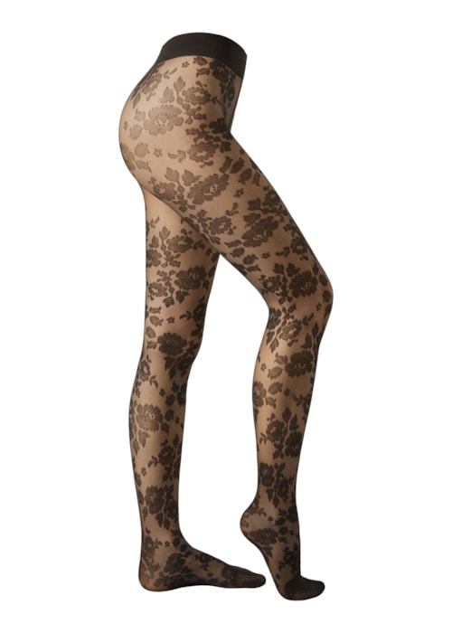 Meia-Calça Transparente Com Padrão Flores - Preto