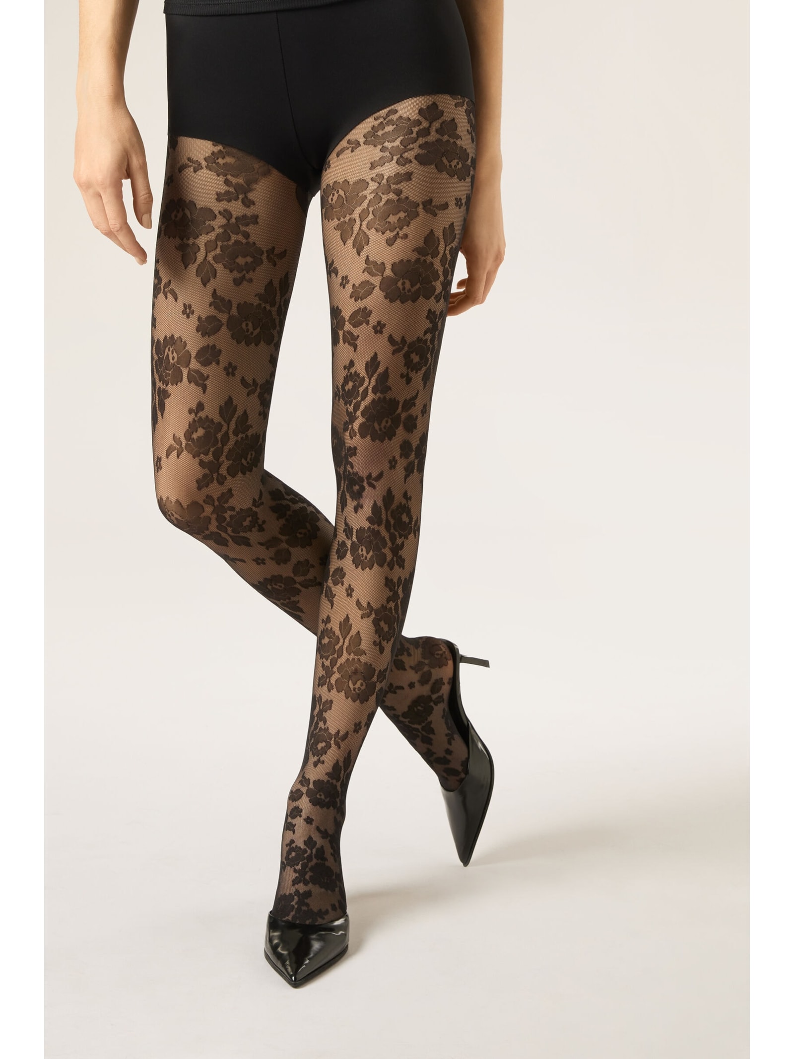 Meia-Calça Transparente Com Padrão Flores Preto Calzedonia