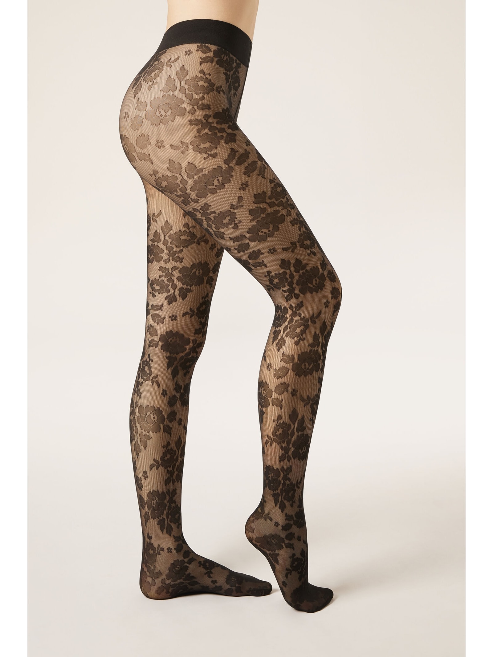 Meia-Calça Transparente Com Padrão Flores Preto Calzedonia