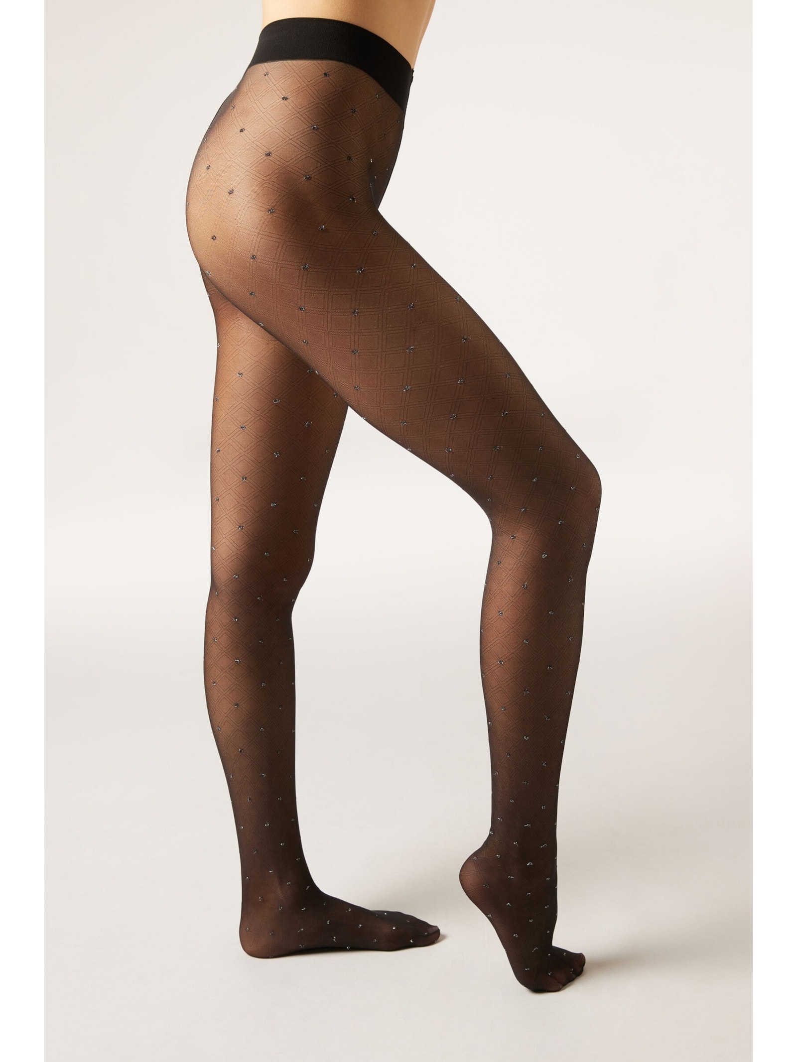 Meia-Calça Transparente Com Poás Brilhantes Preto Calzedonia