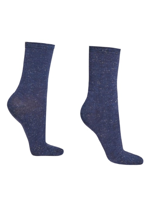 Meia Curta Canelada Com Cashmere e Glitter – Azul