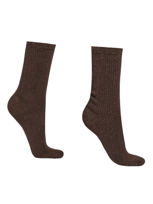 Meia Curta Canelada Com Cashmere e Glitter – Marrom