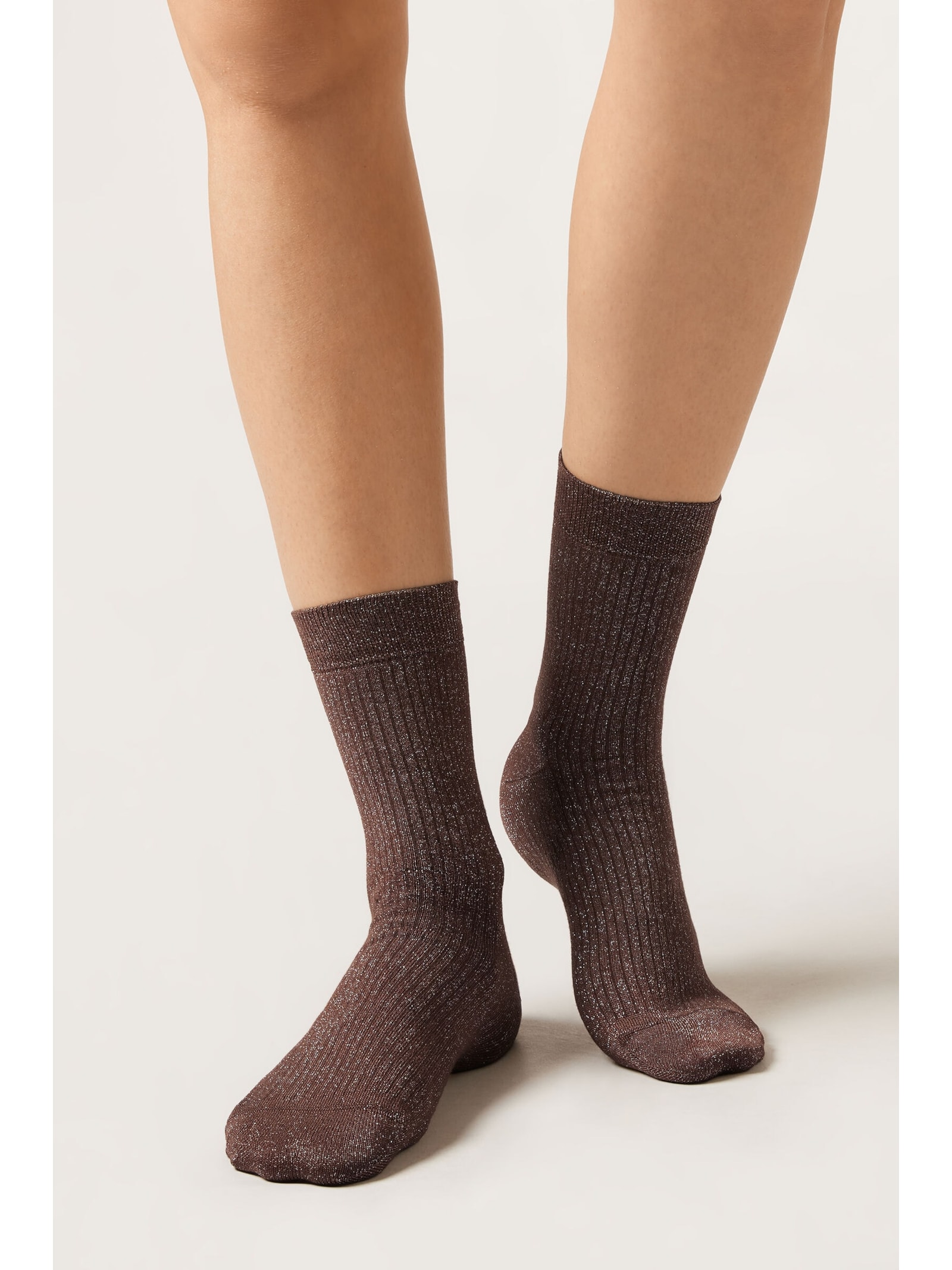 Meia Curta Canelada Com Glitter Em Viscose Marrom Calzedonia