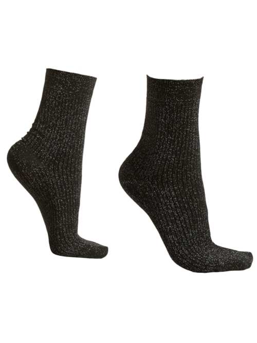 Meia Curta Canelada Com Glitter – Preto