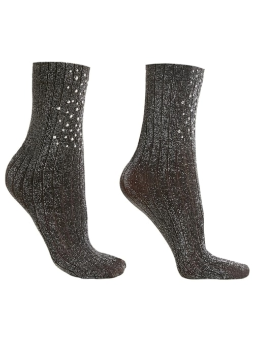 Meia Curta Canelada Com Strass – Preto