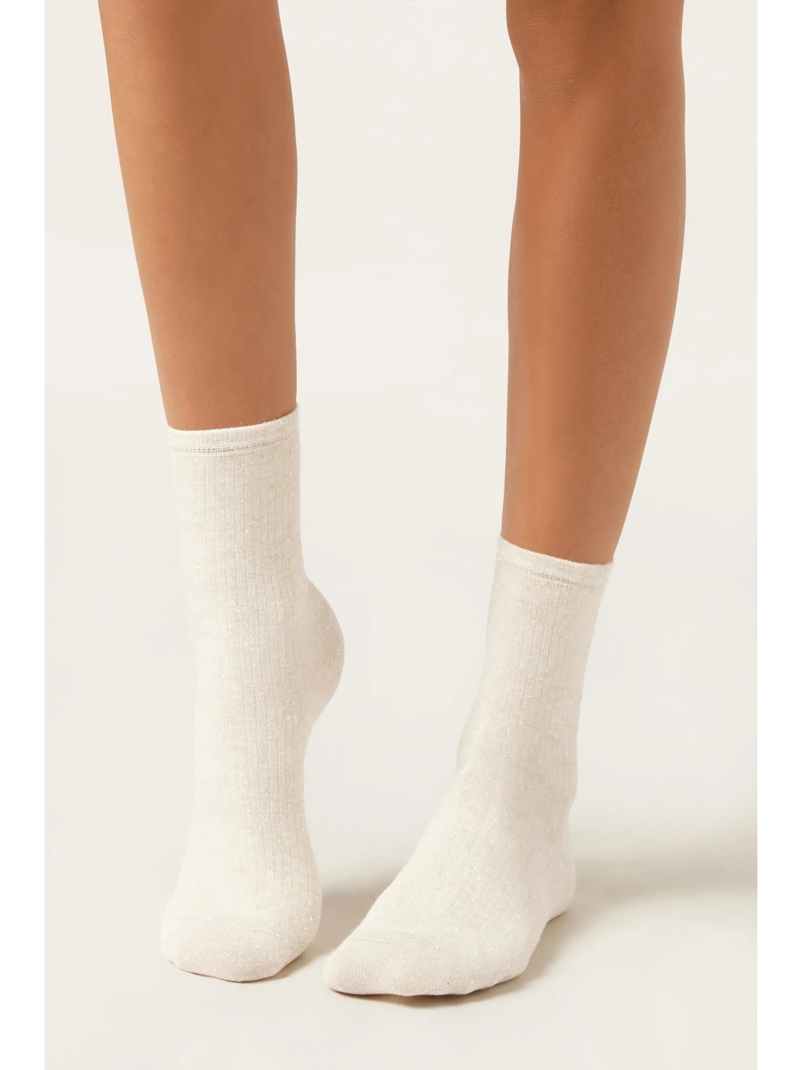 Meia Curta Canelada Em Algodão Off-White Calzedonia