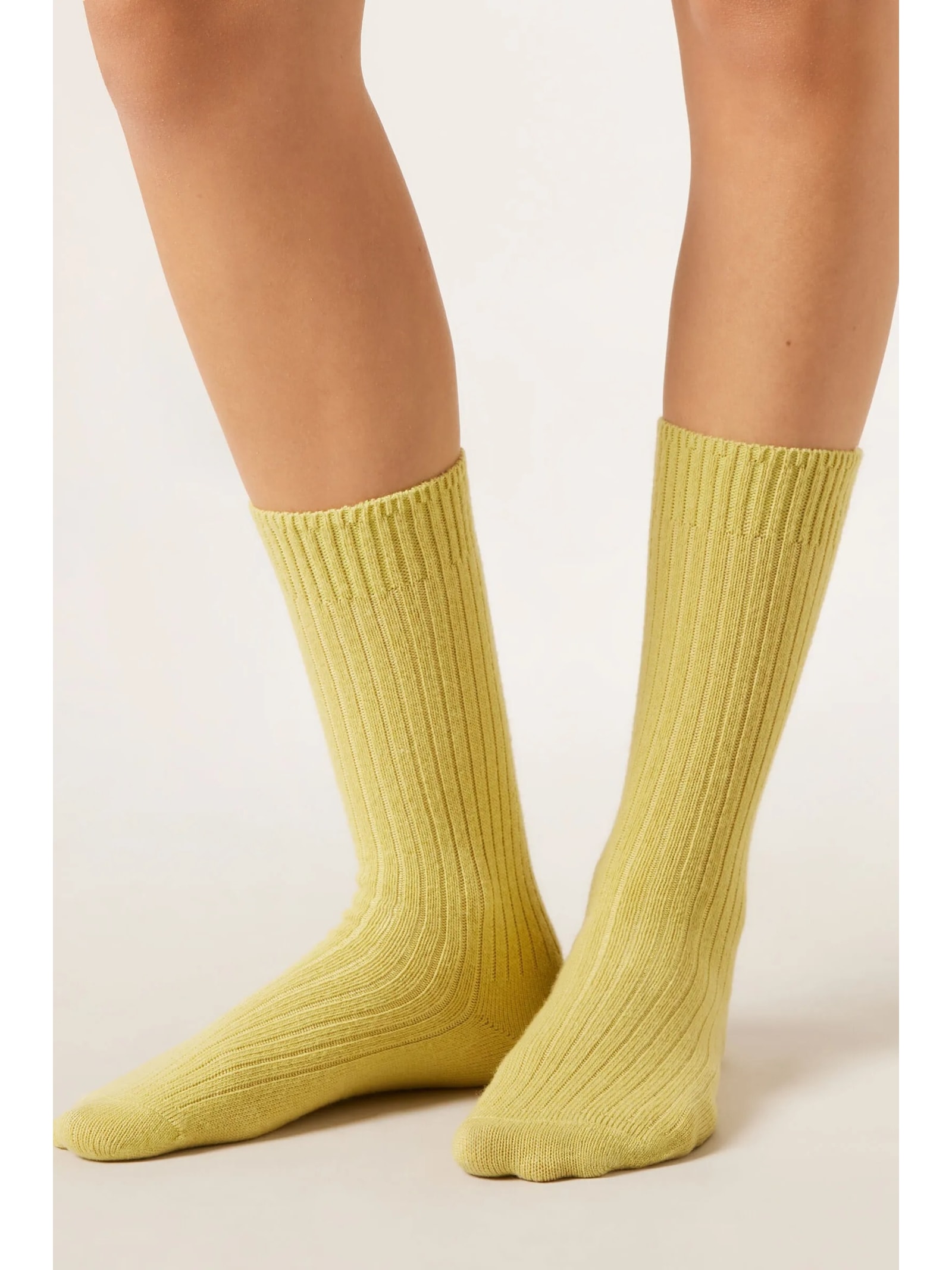 Meia Curta Canelada Em Lã e Cashmere Amarelo Calzedonia