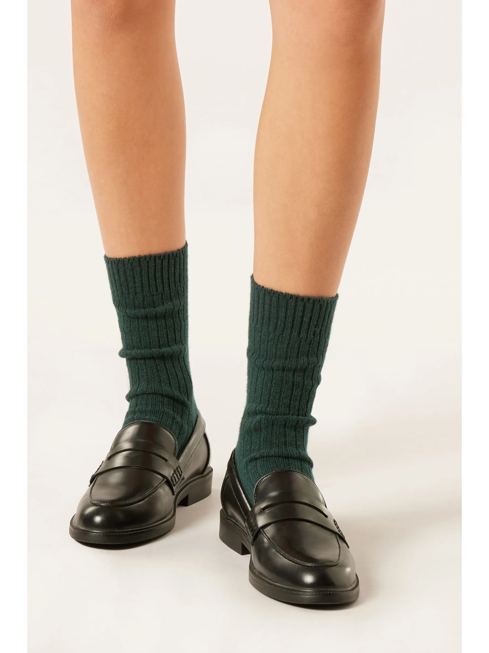 Meia Curta Canelada Em Lã e Cashmere Verde Calzedonia