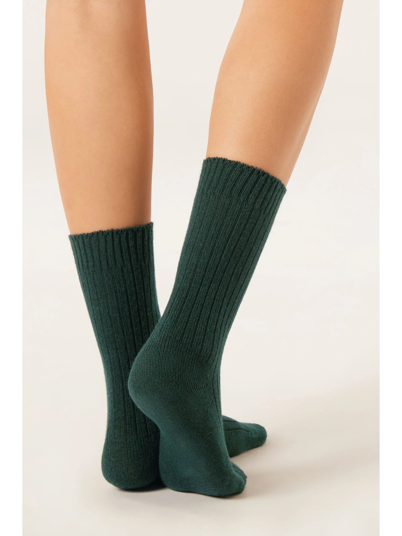 Meia Curta Canelada Em Lã e Cashmere Verde Calzedonia