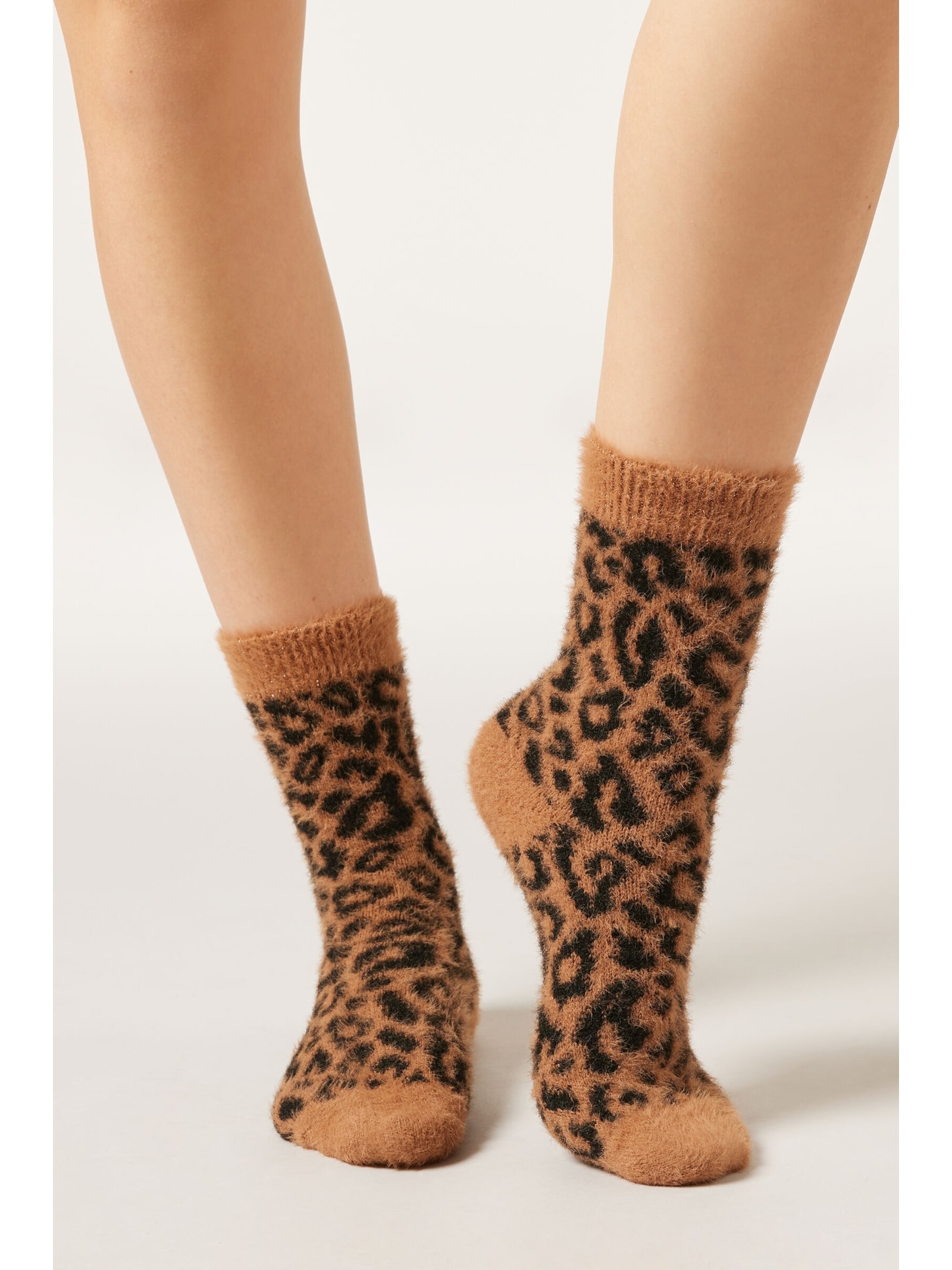Meia Curta Com Efeito Soft e Estampa Animal Print Marrom Calzedonia