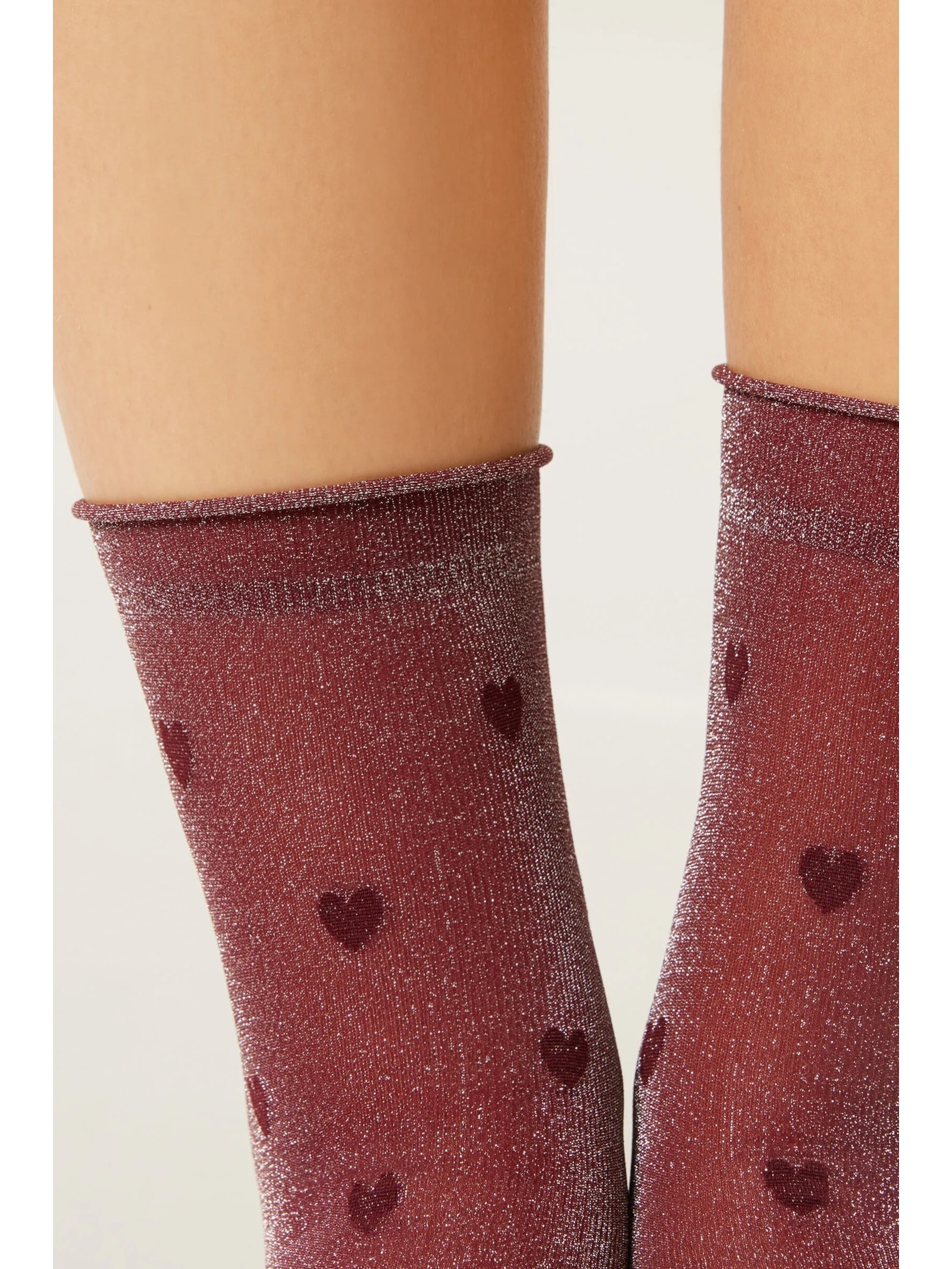 Meia Curta Com Estampa De Brilho e Corações Bordô Calzedonia