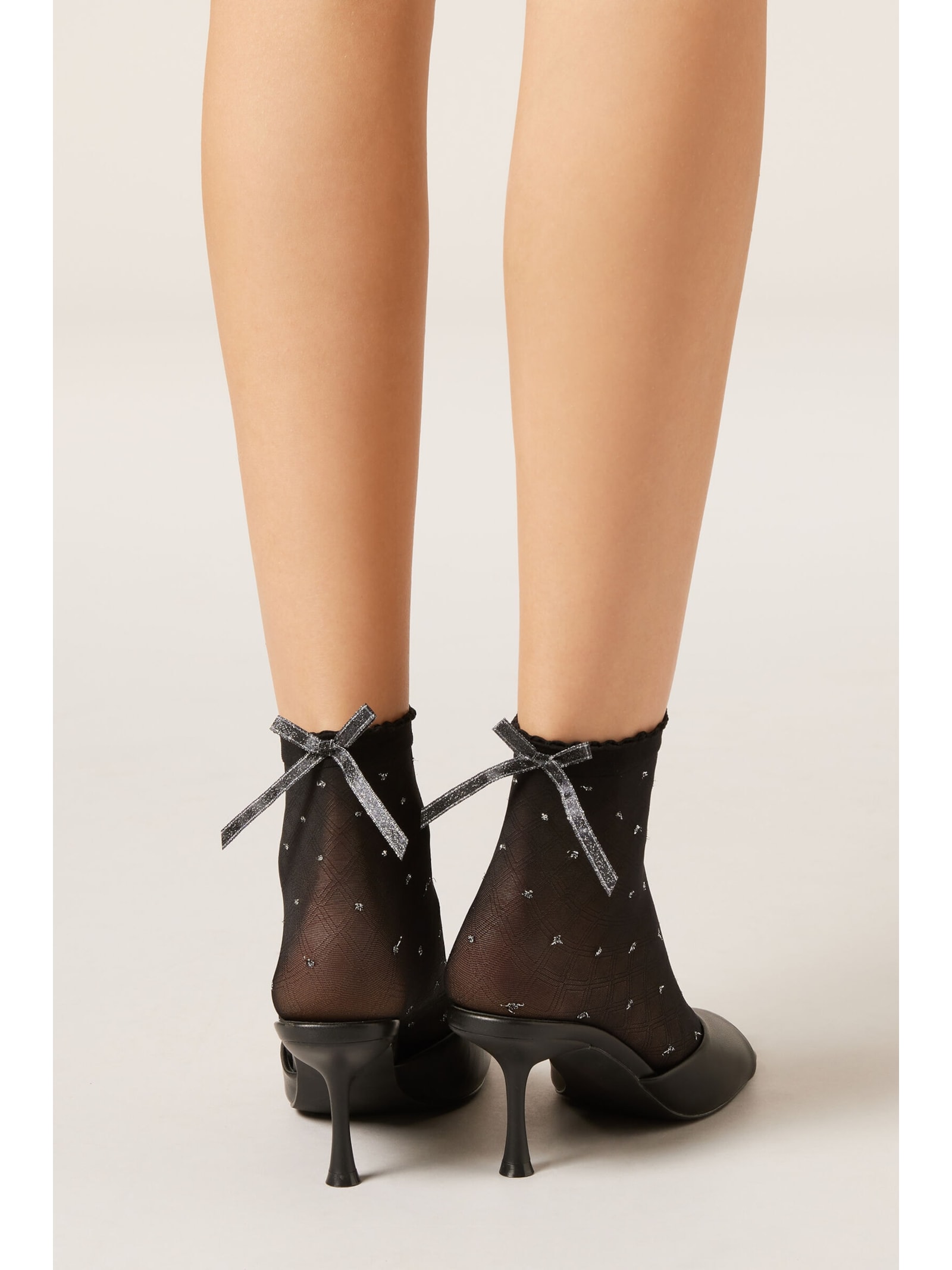 Meia Curta Com Glitter e Laços Preto Calzedonia