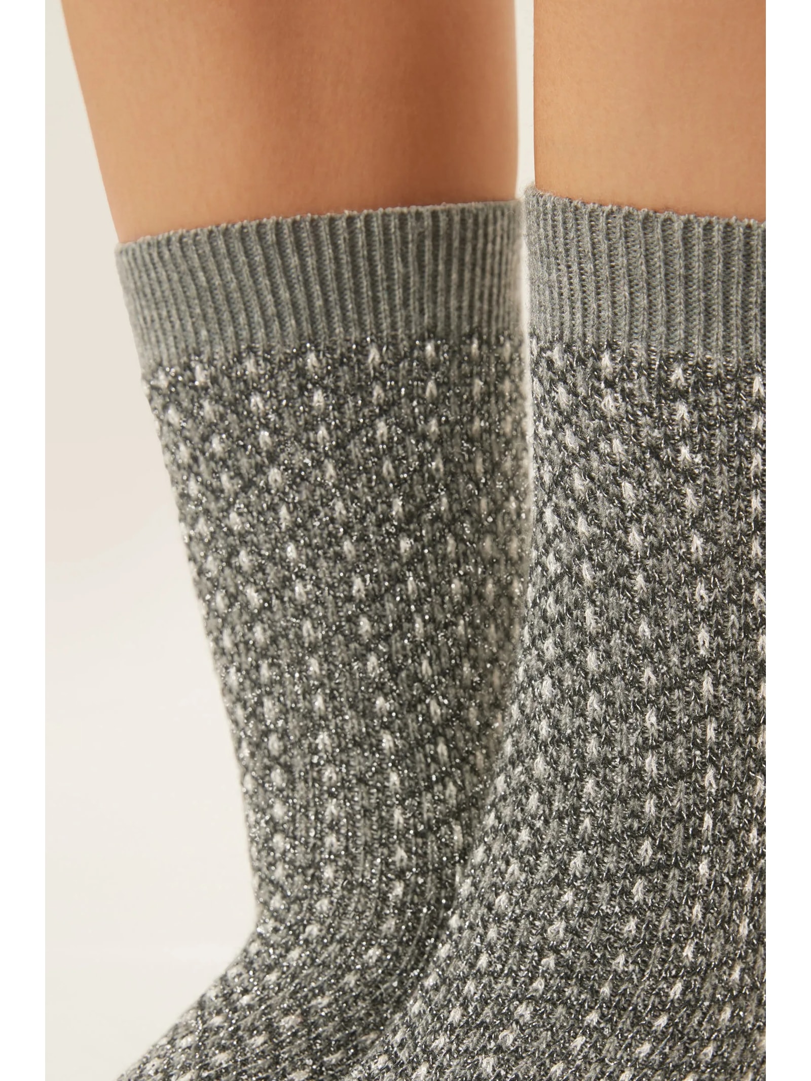 Meia Curta Com Glitter Em Lã e Cashmere Cinza Calzedonia