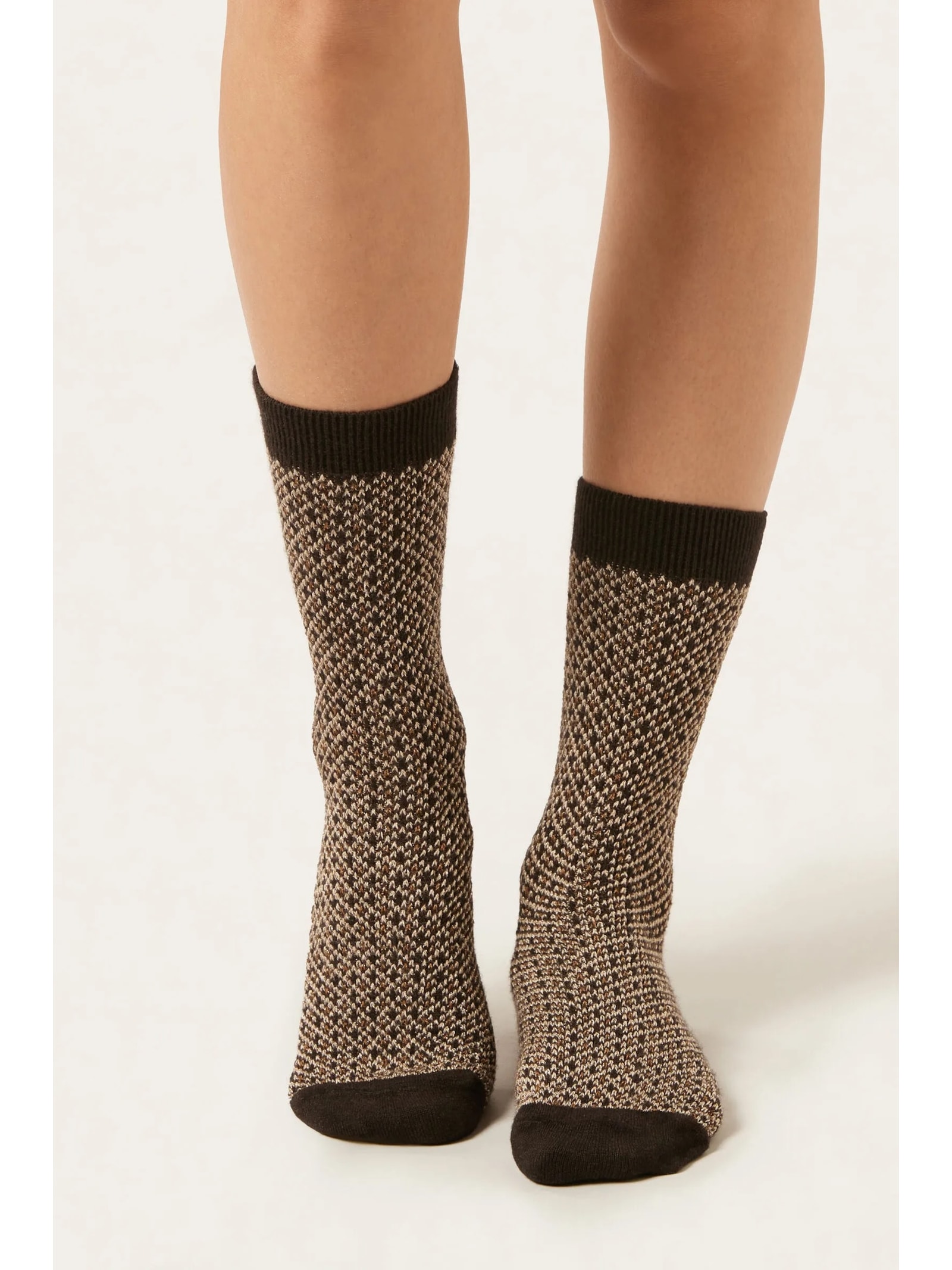 Meia Curta Com Glitter Em Lã e Cashmere Marrom Calzedonia