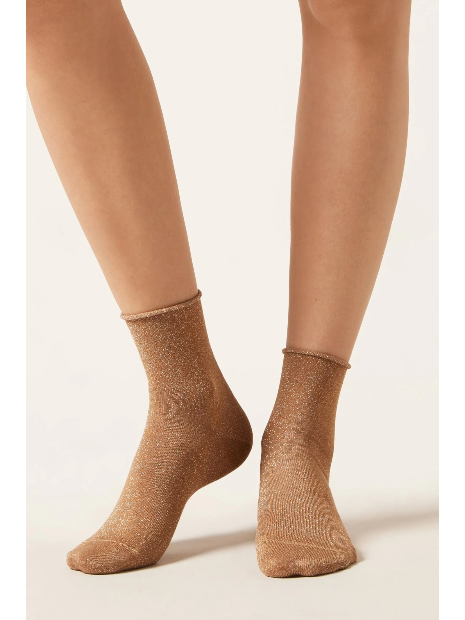 Meia Curta Com Glitter Em Viscose Bege Calzedonia