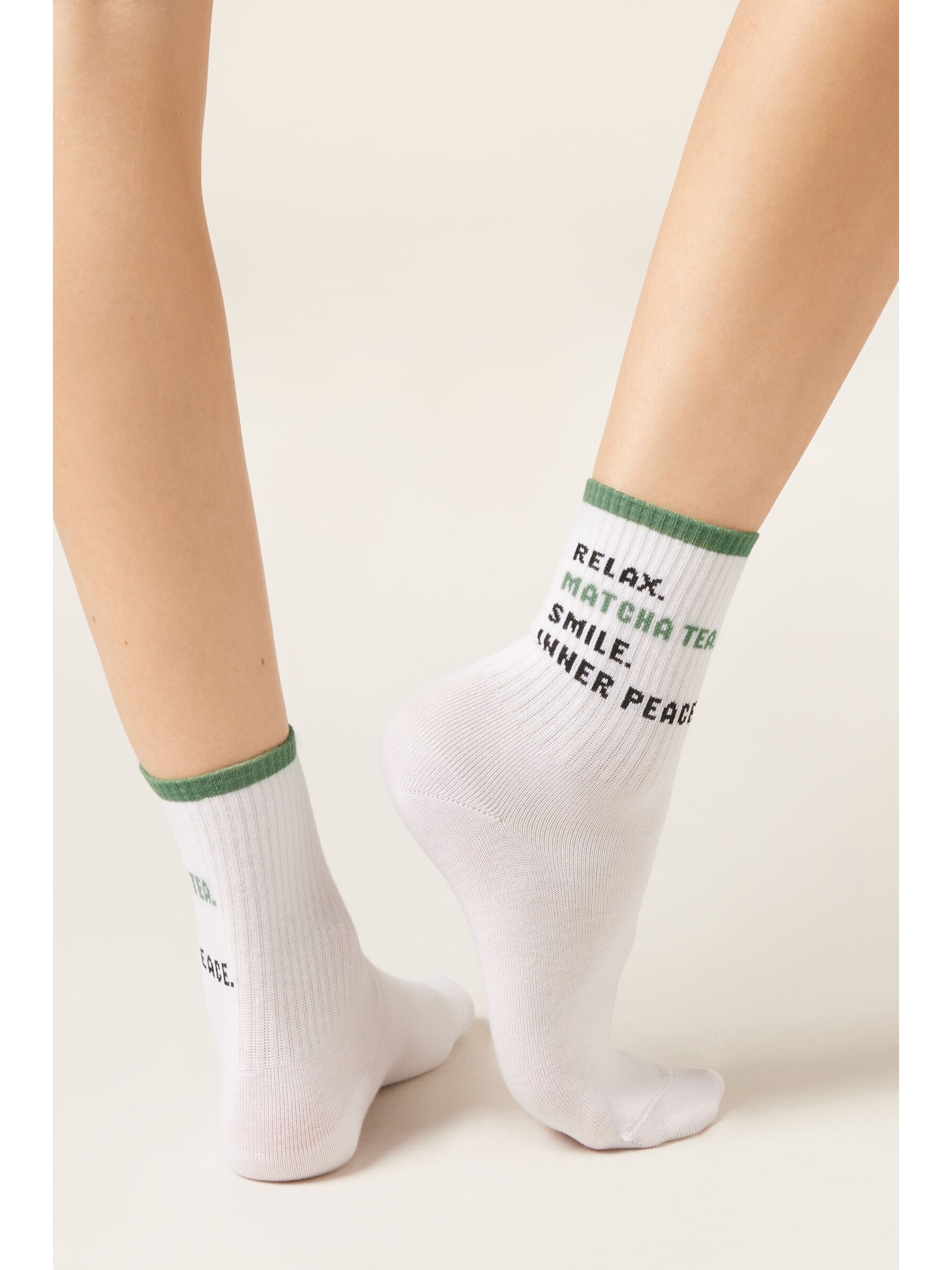 Meia Curta Com Mensagens Em Algodão Verde Calzedonia