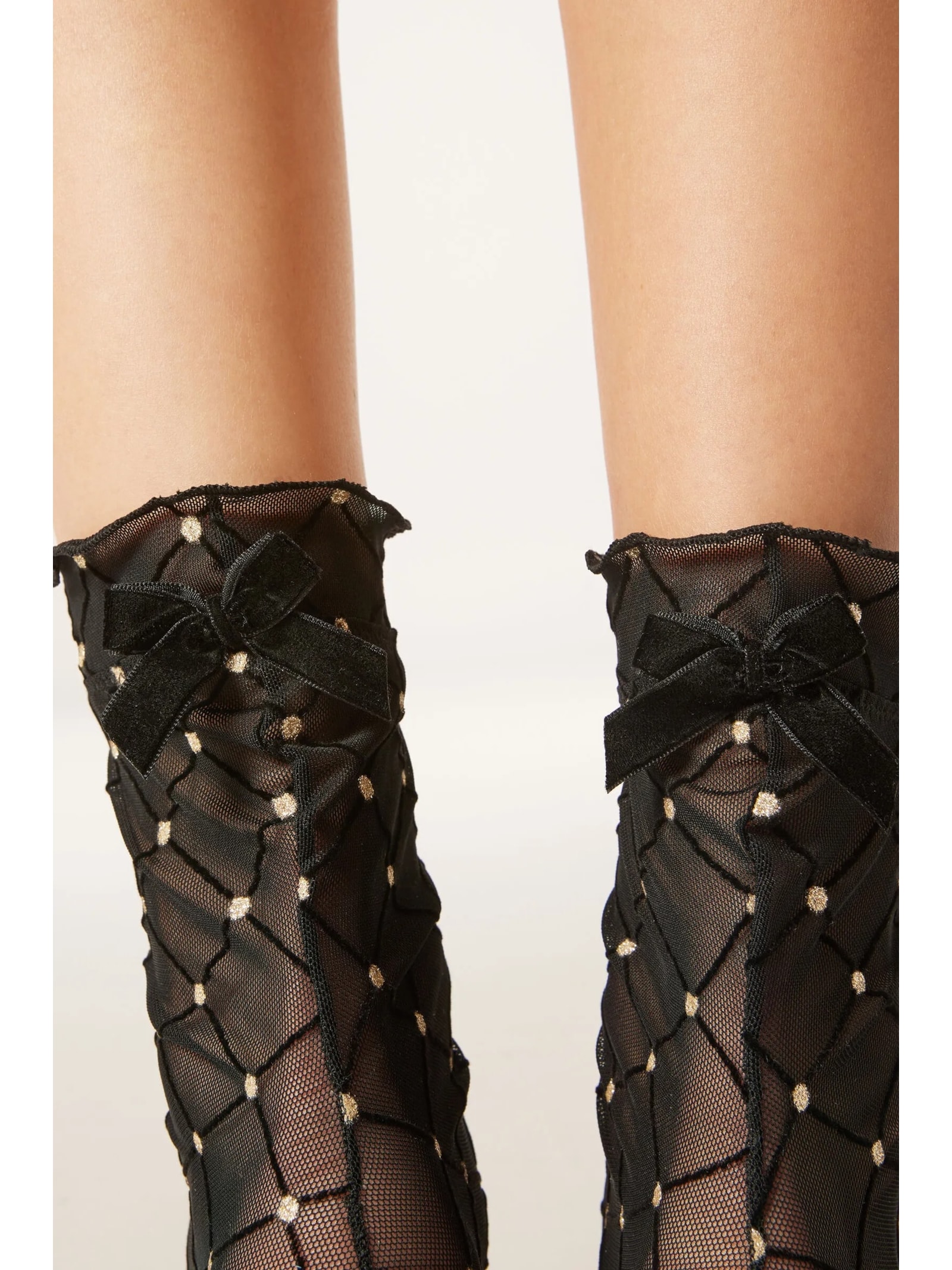 Meia Curta Com Padrão De Losangos e Strass Preto Calzedonia