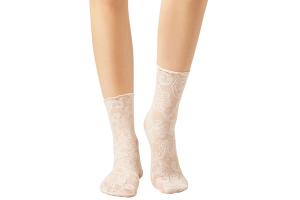 Meia Curta De Rede Com Renda Floral - Branco