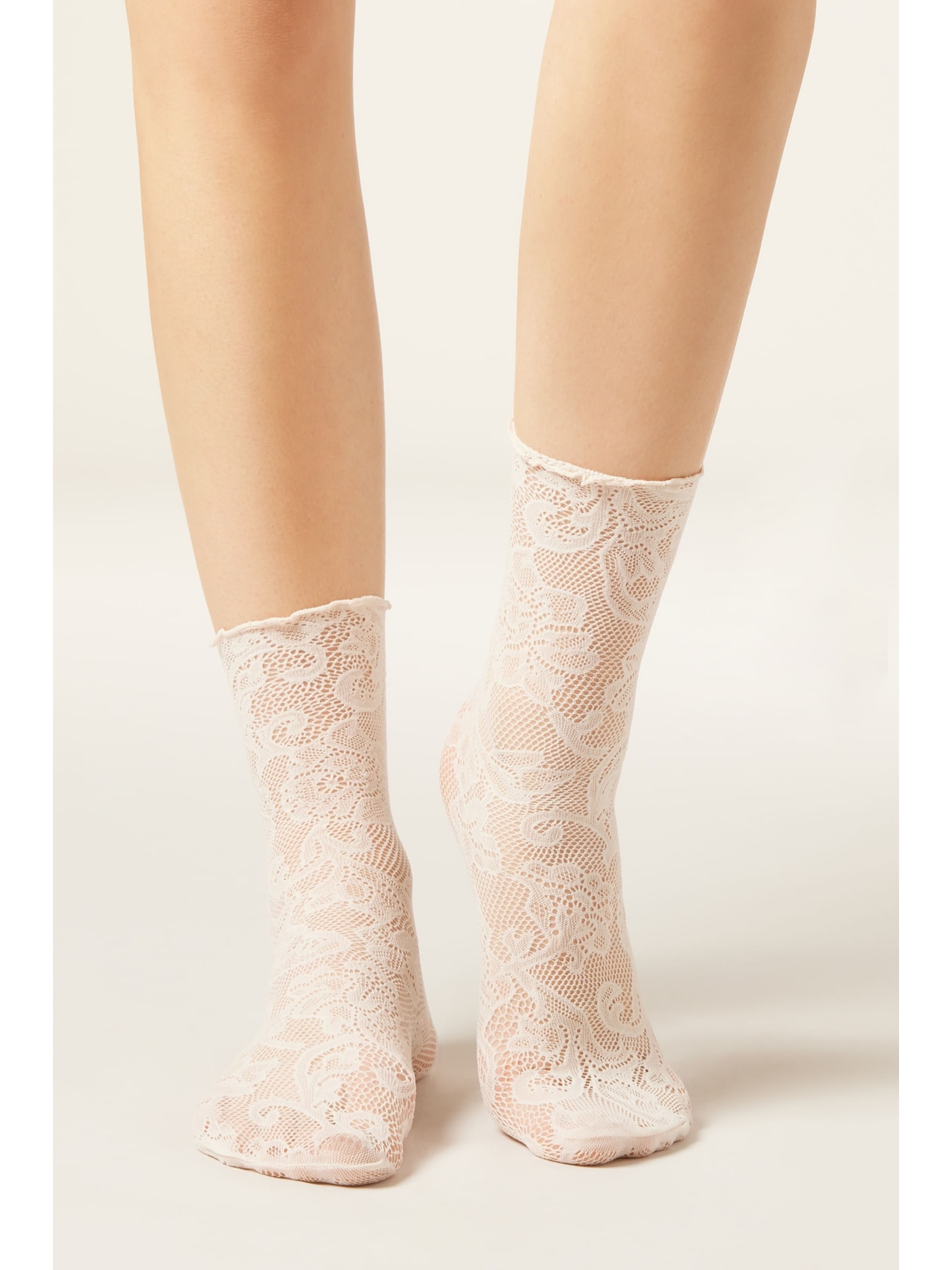 Meia Curta De Rede Com Renda Floral Branco Calzedonia