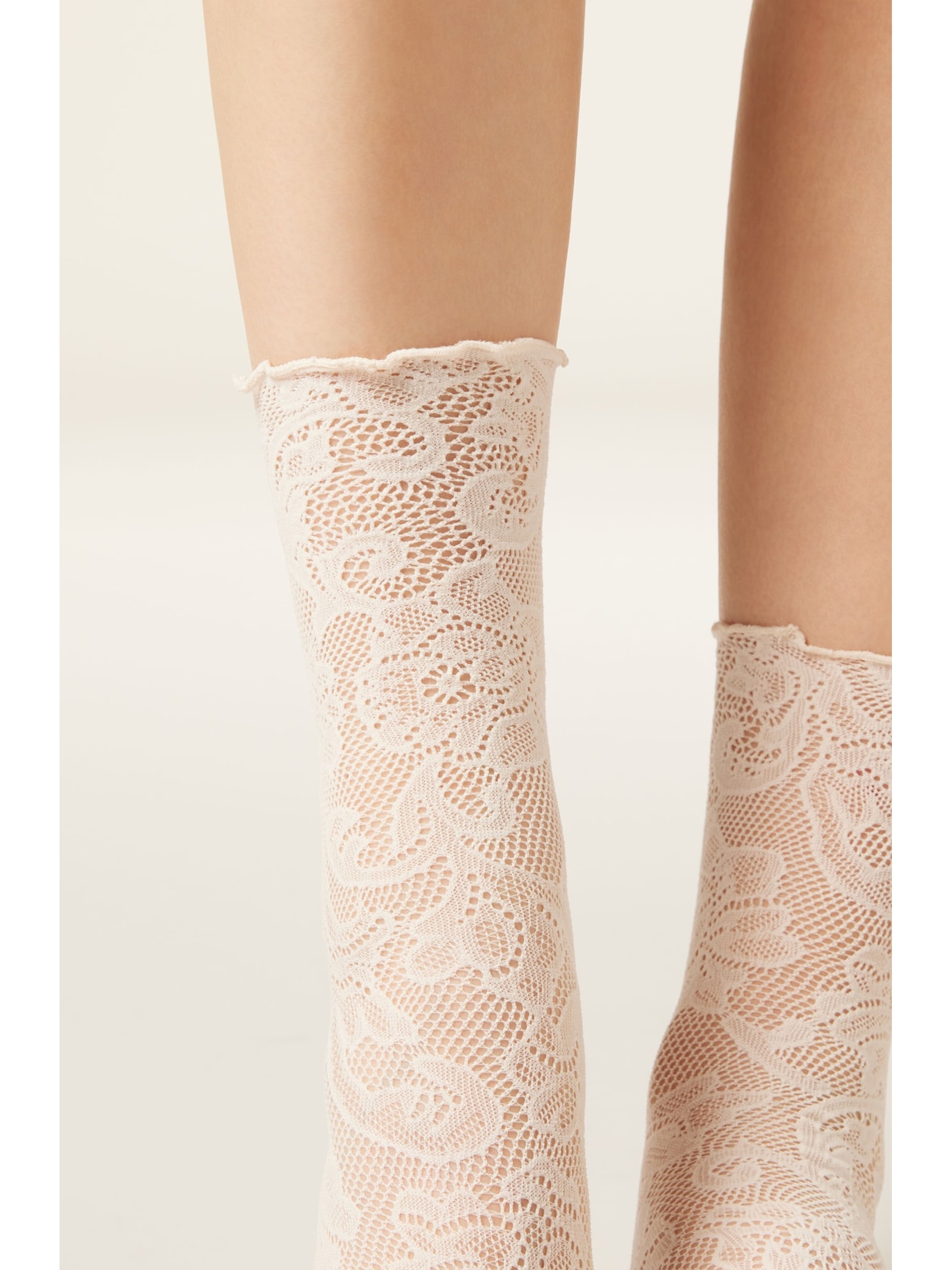 Meia Curta De Rede Com Renda Floral Branco Calzedonia