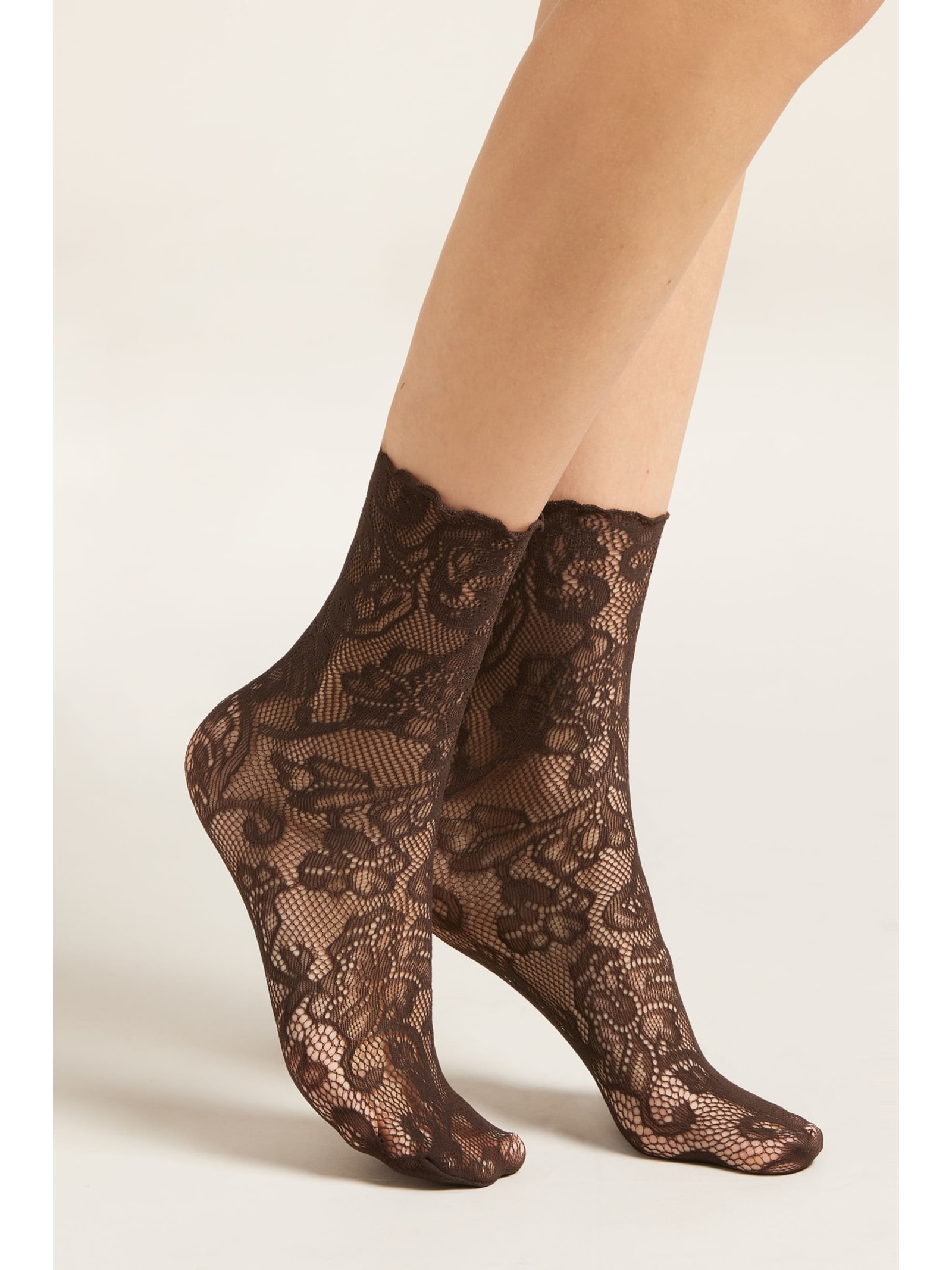 Meia Curta De Rede Com Renda Floral Marrom Calzedonia