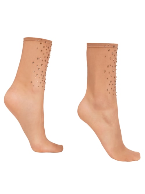 Meia Curta Em Tule Com Strass - Bege