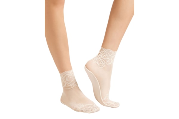 Meia Curta Em Tule e Renda - Off-White