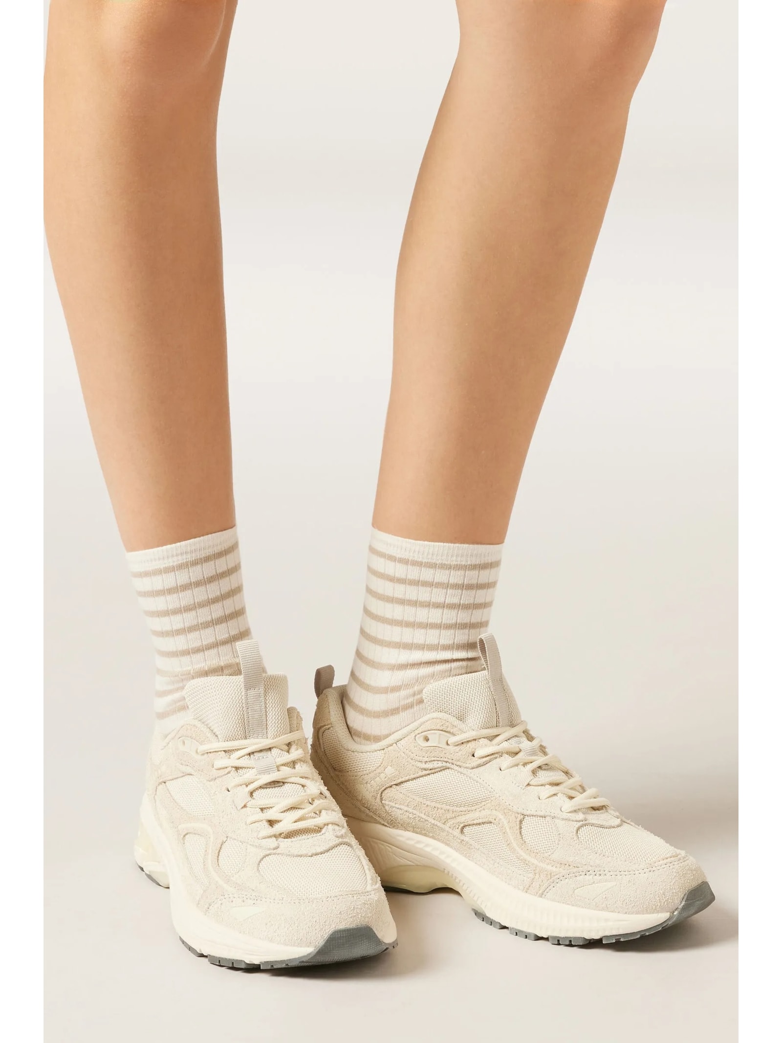 Meia Curta Listrada Em Algodão Off-White Calzedonia