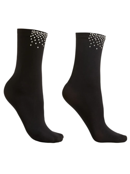 Meia Curta Opaca Com Strass – Preto