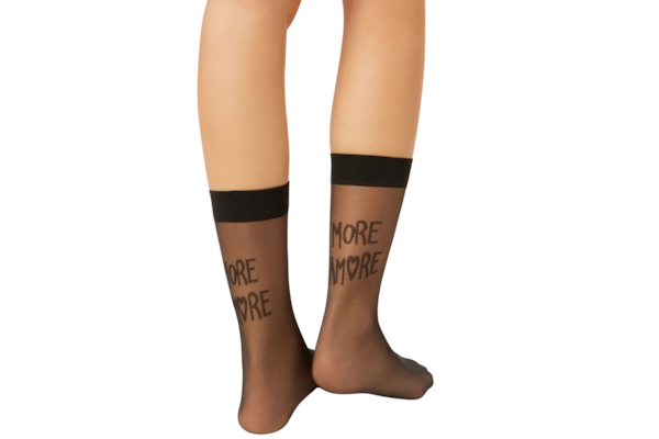 Meia Curta Transparente Com Estampa More Amore - Preto