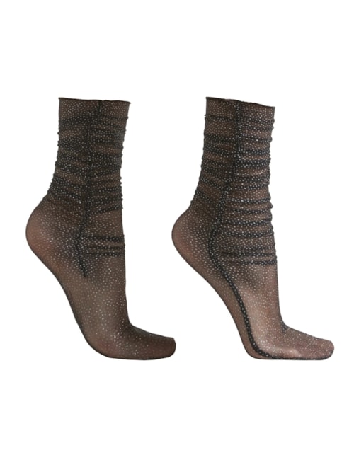Meia Curta Transparente Franzida Com Glitter – Preto