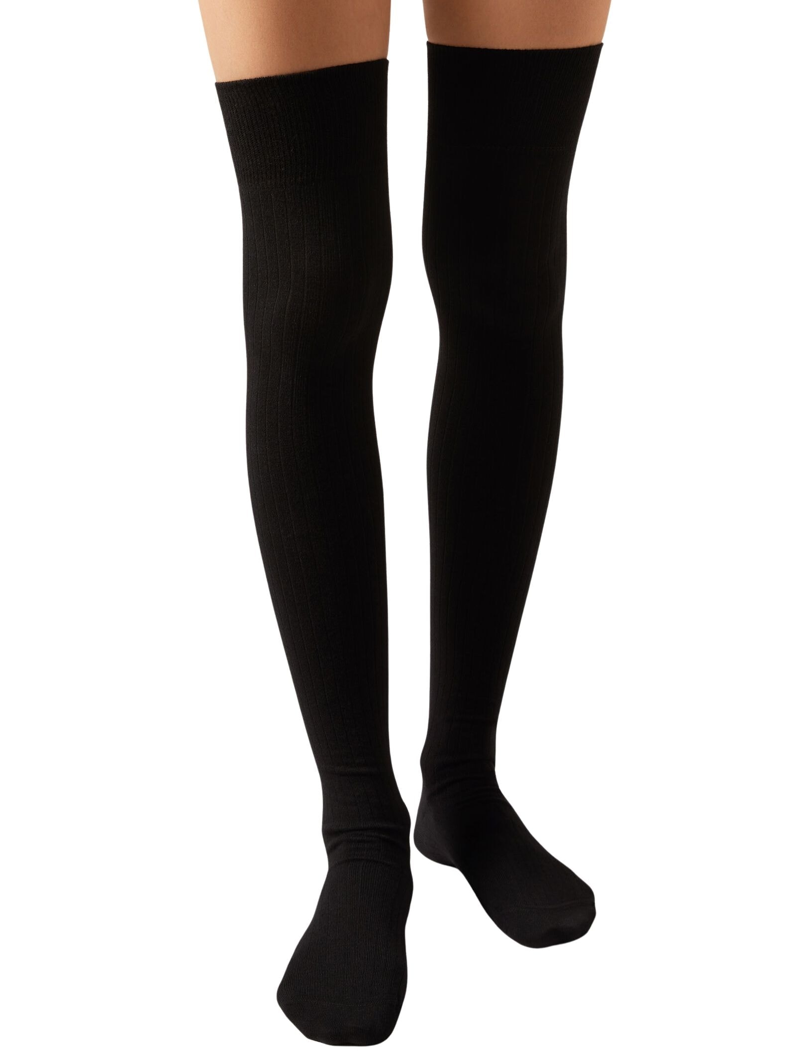 Meia Estilo Longuette Canelada Em Algodão Preto Calzedonia