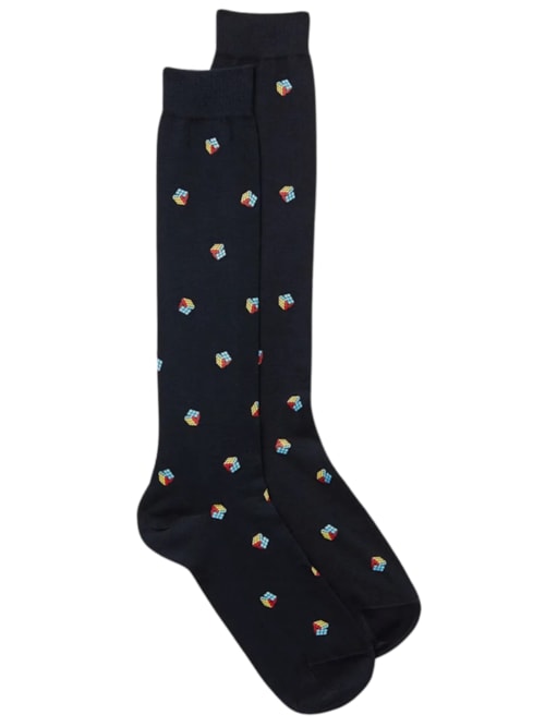 Meias Altas Com Estampa De Cubo Em Algodão – Azul