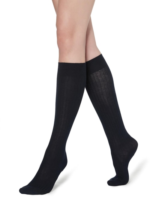 Meias Longas Caneladas Com Cashmere – Azul