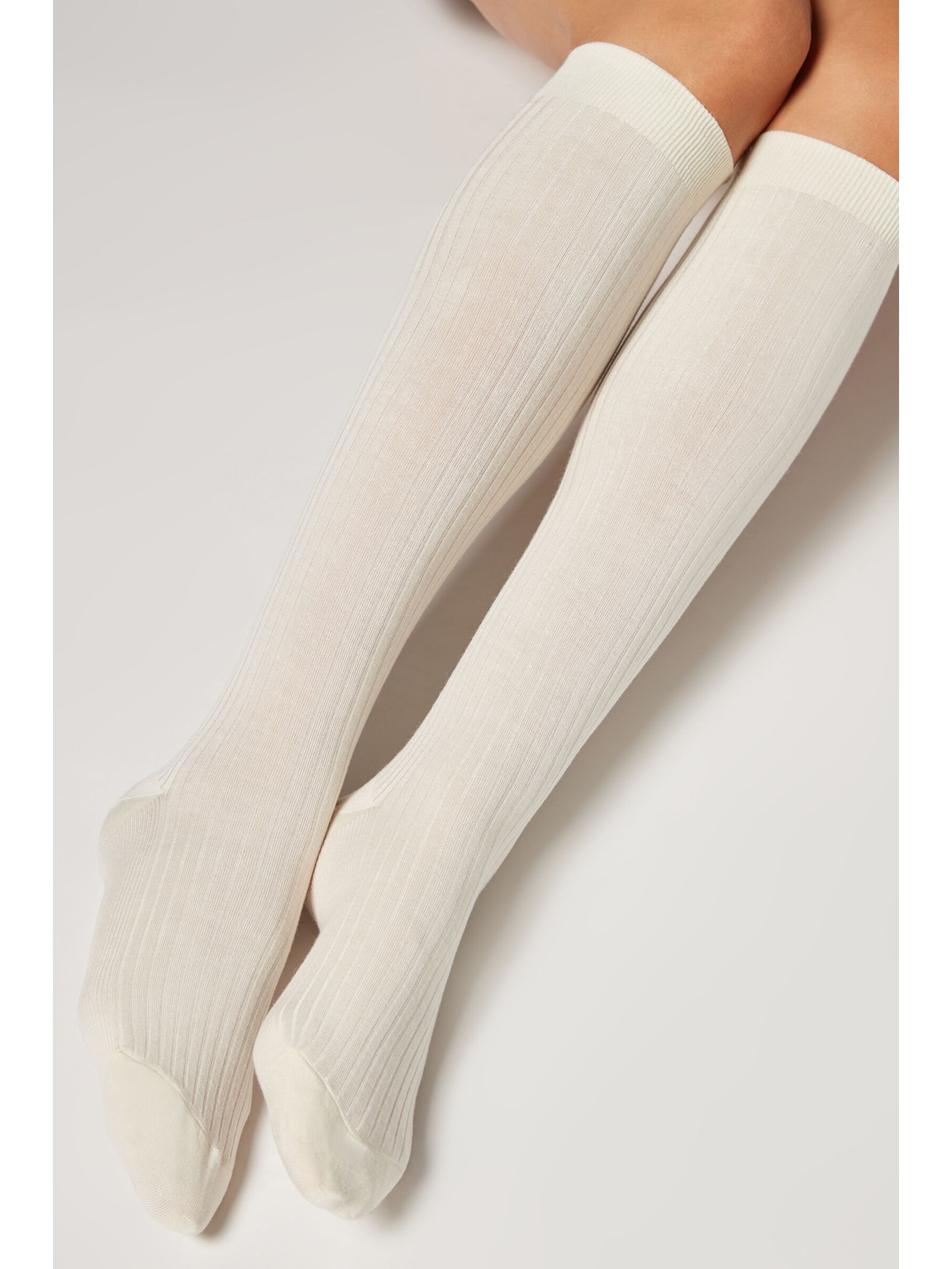 Meias Longas Com Cashmere Canelado Bege Calzedonia