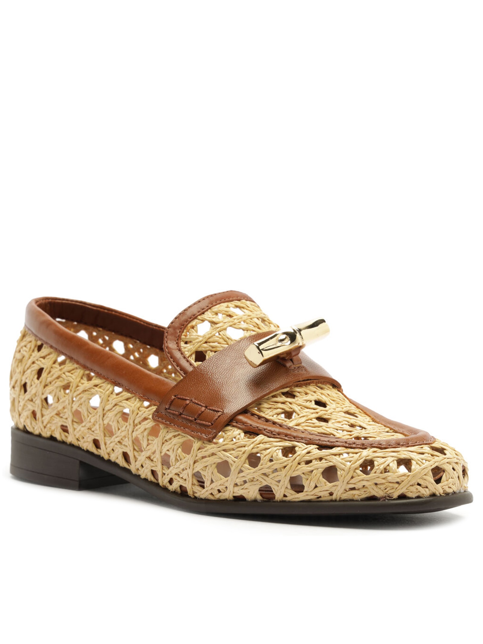 Mocassim Feminina Couro Palha Sextavada Metal Marrom Arezzo + Isla