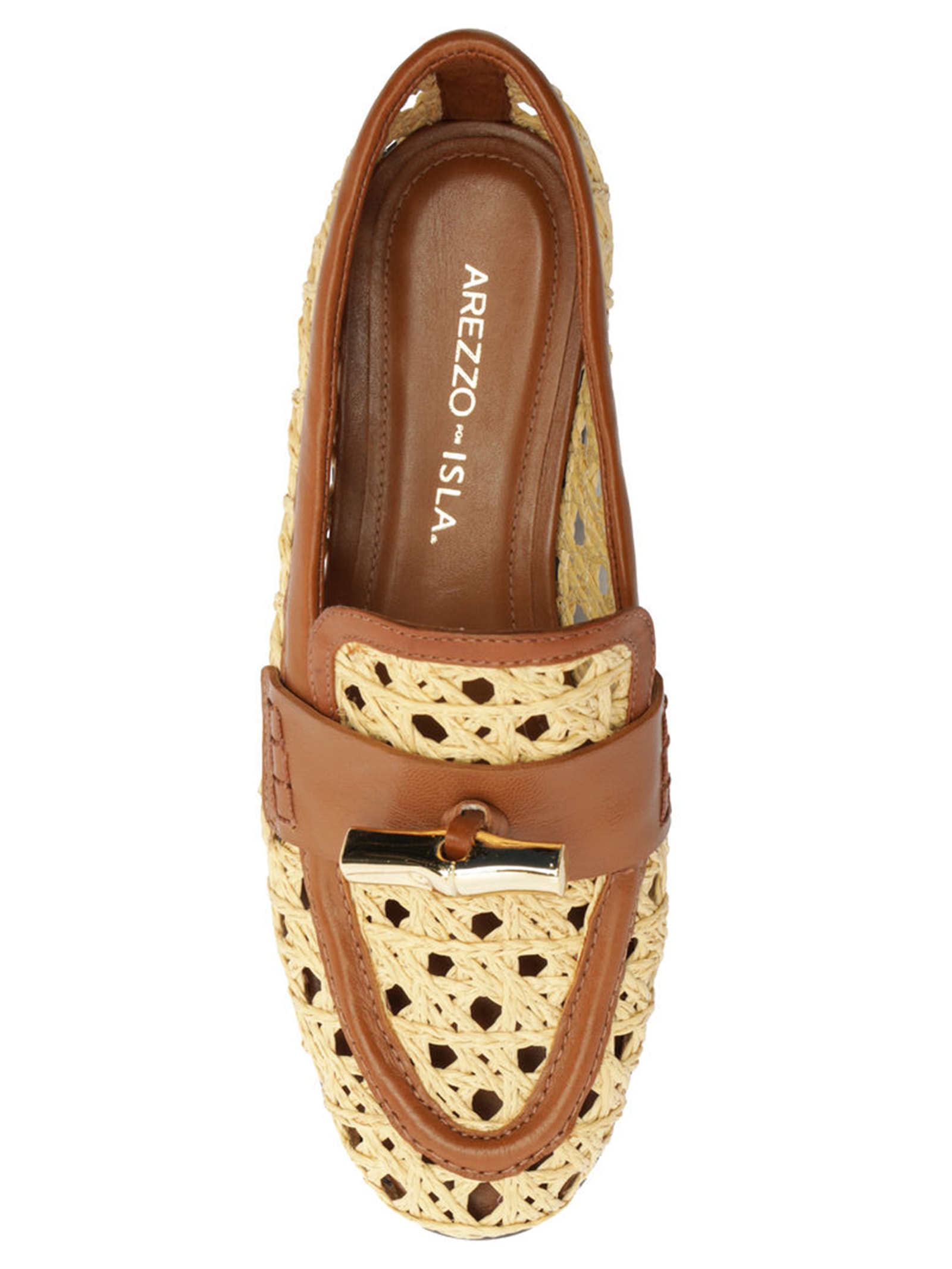 Mocassim Feminina Couro Palha Sextavada Metal Marrom Arezzo + Isla