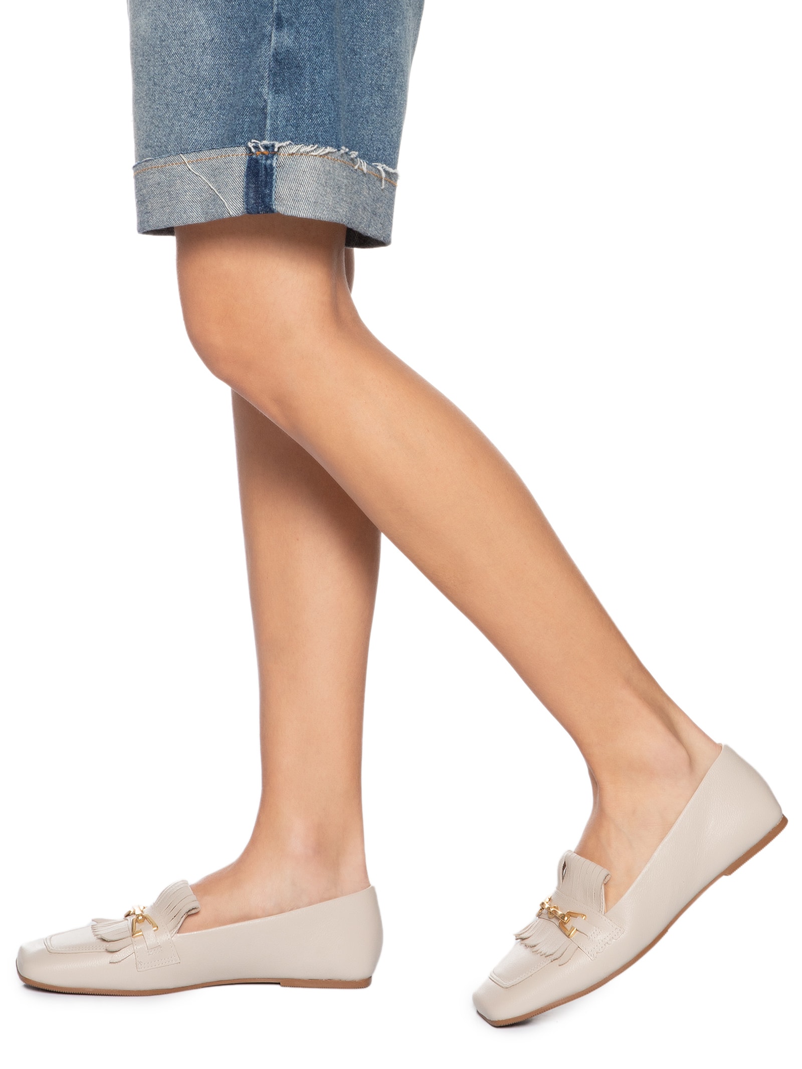 Mocassim Feminino Com Franja Off White Basiq