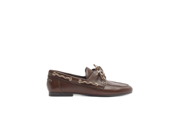 Mocassim Feminino Couro Bico Redondo Laço - Marrom
