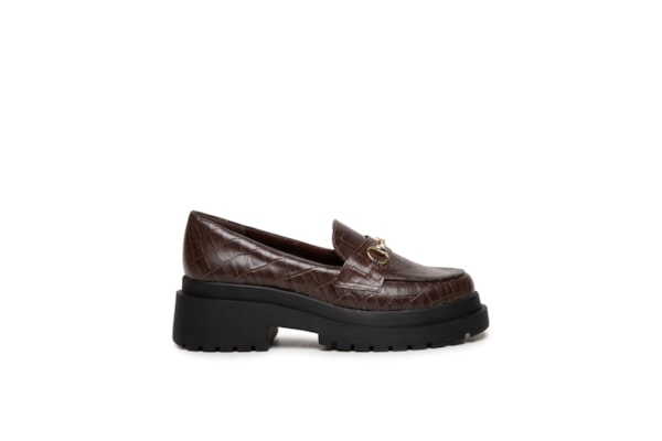 Mocassim Feminino Em Couro Croco Solado Alto - Marrom