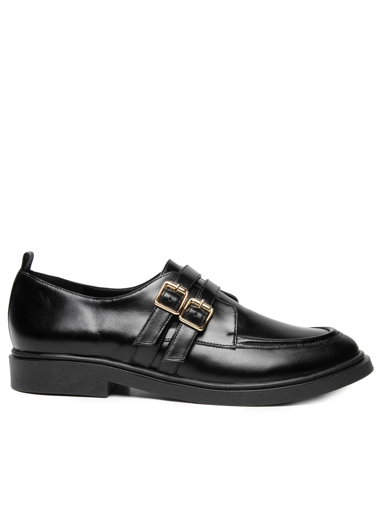 Mocassim Feminino Em Couro Fivelas Douradas Preto Basiq