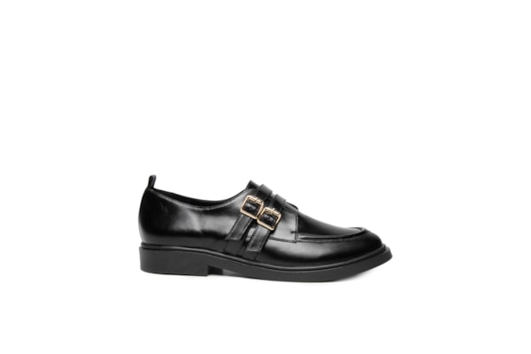 Mocassim Feminino Em Couro Fivelas Douradas - Preto