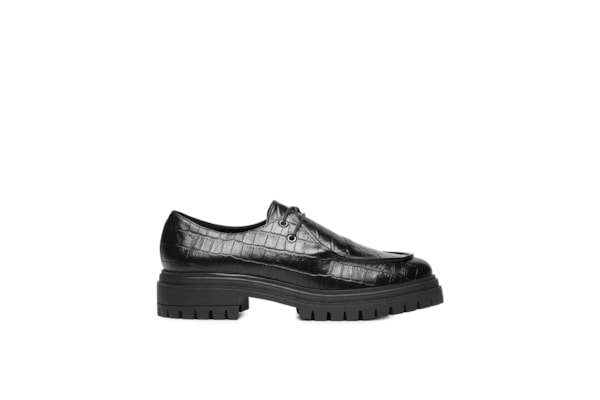 Mocassim Feminino Tratorado Em Couro Croco - Preto