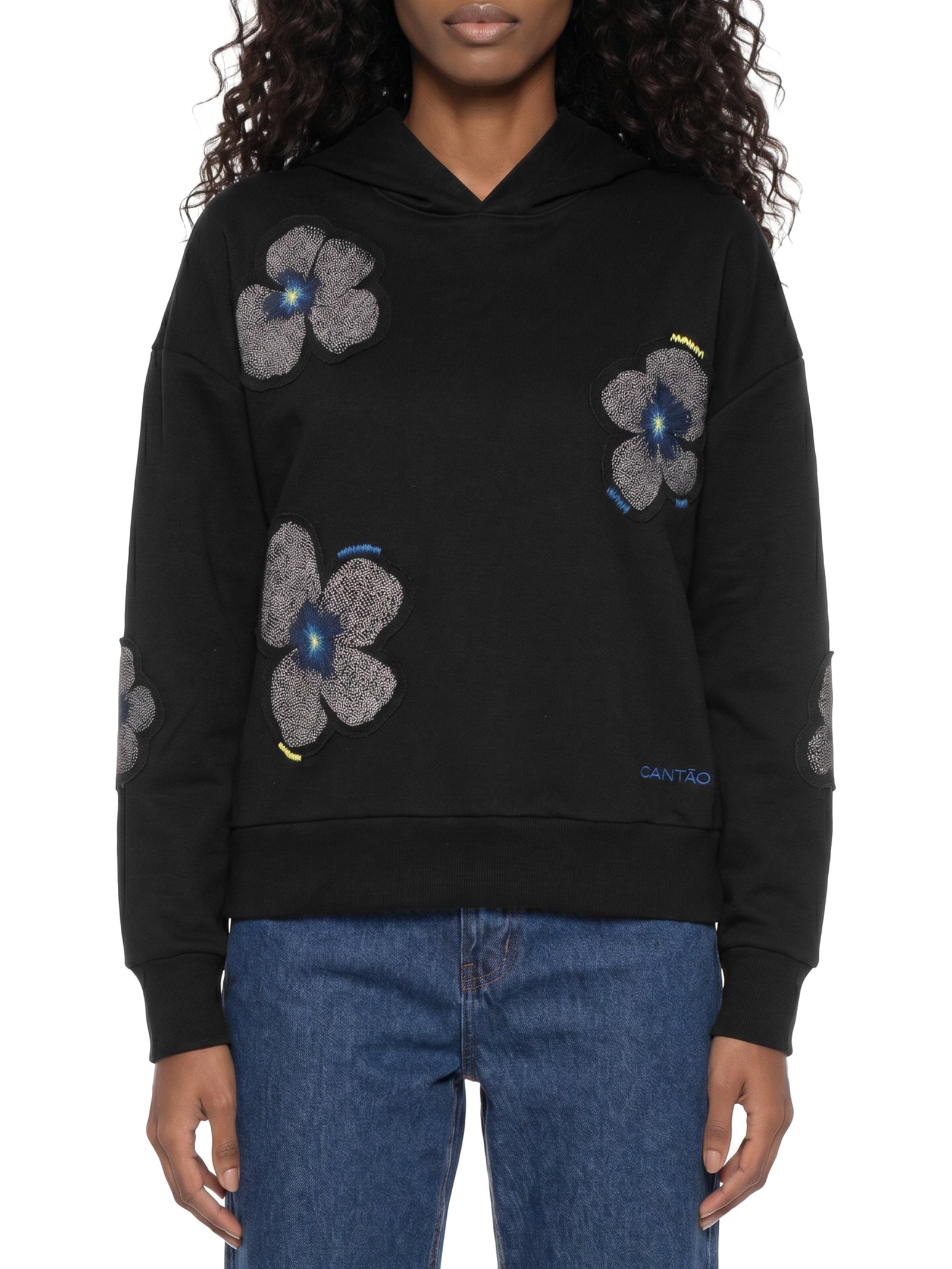 Moletom Feminino Bordado Floral Yaya Preto Cantão