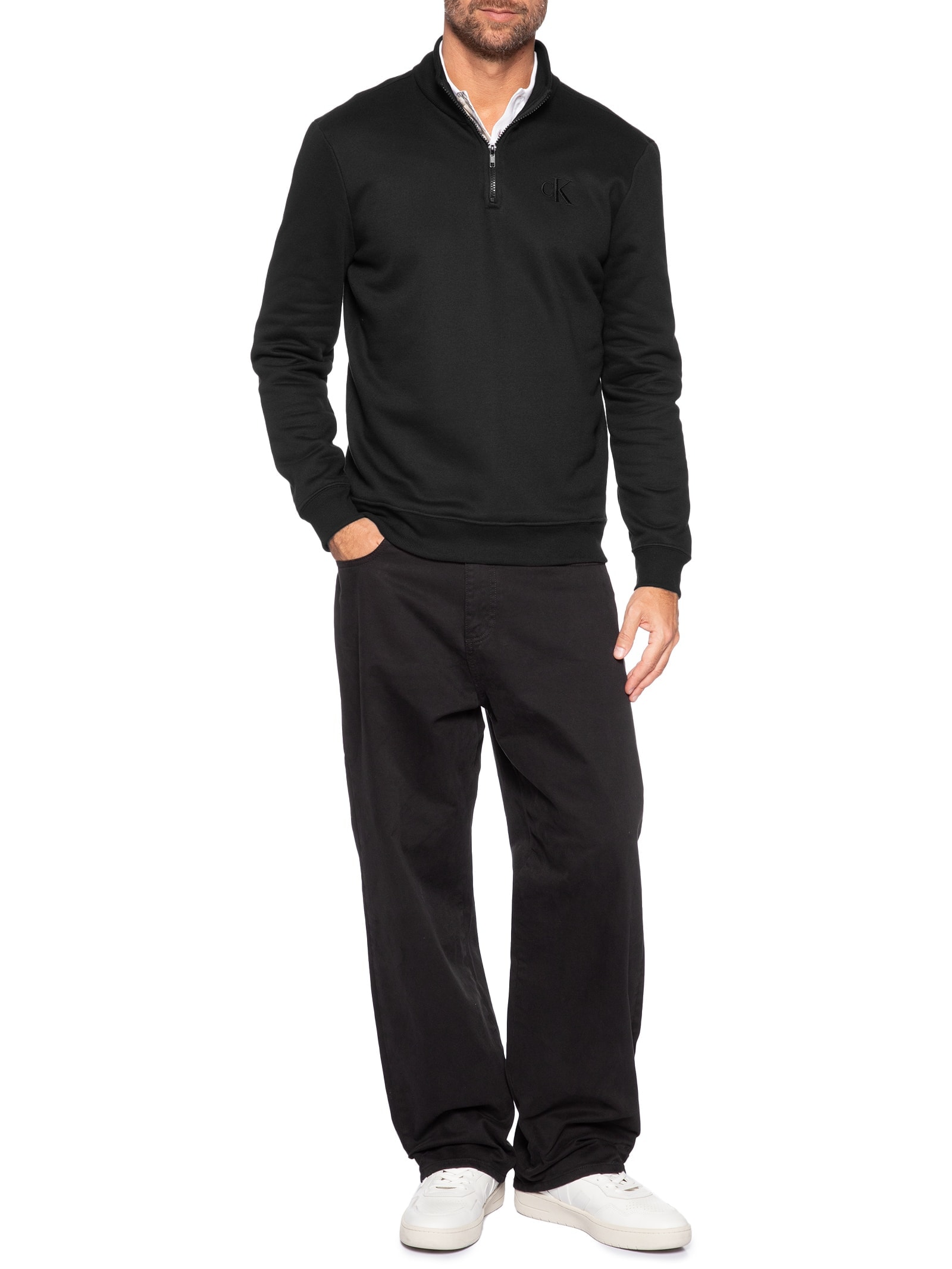 Moletom Masculino Meio Zíper CK Bordado Preto Calvin Klein Jeans