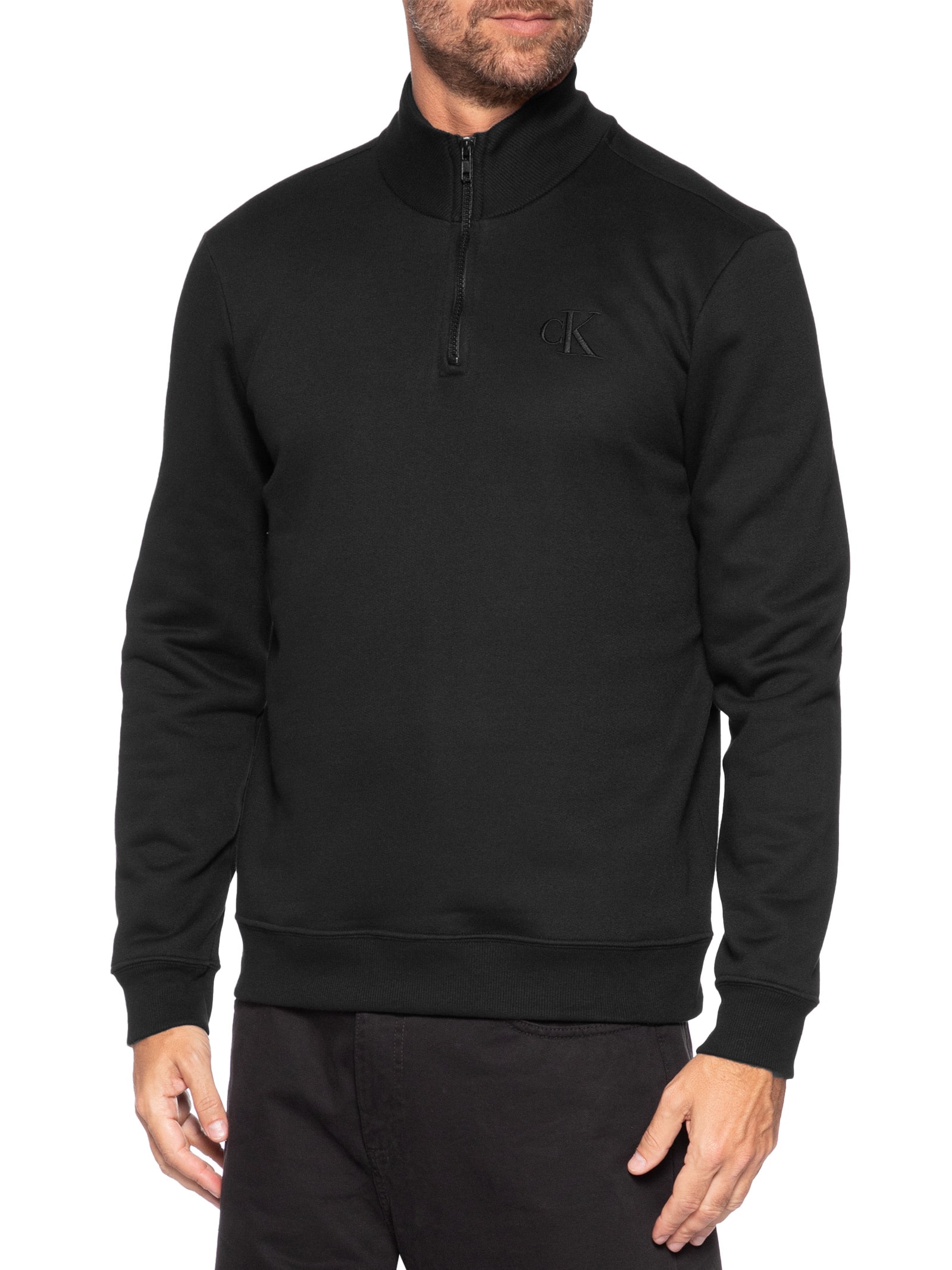 Moletom Masculino Meio Zíper CK Bordado – Preto Calvin Klein Jeans